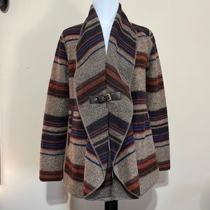 Striped Wool Cardigan Sweater Jacket Pockets Open Front Multicolored